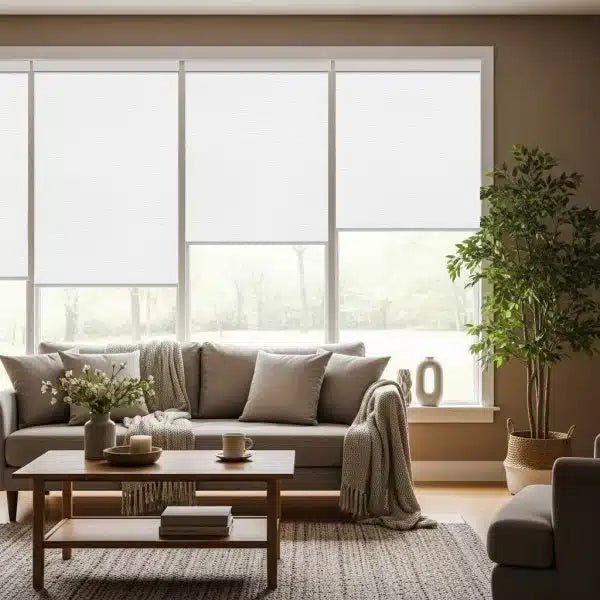 Motorized roller shades Treebark in a modern living room with sofa, coffee table, and indoor plants